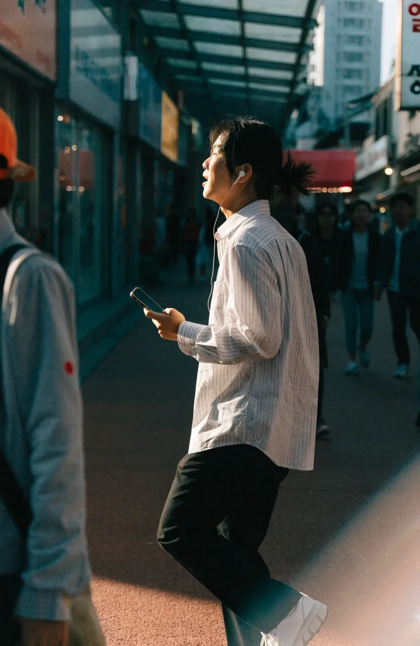퇴근길에 이어폰을 끼고 이동하며 소리 내어 문장을 연습하는 모습