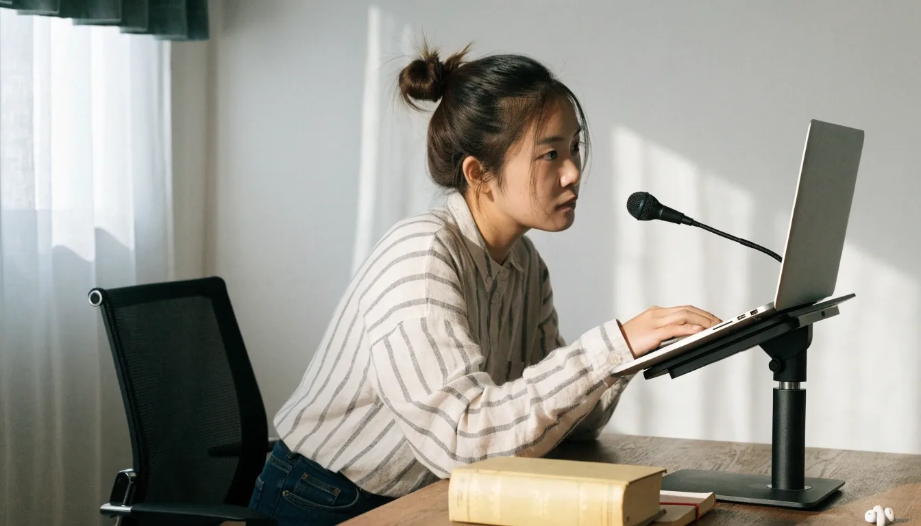 노트북과 마이크, 사전, 노트를 한자리에 놓은 학습 책상